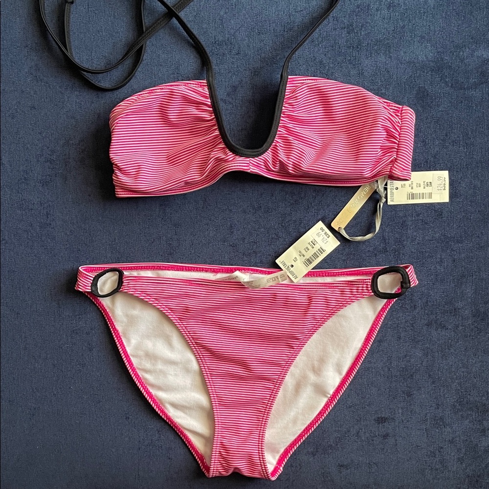 Pink and White Striped Bikini Set